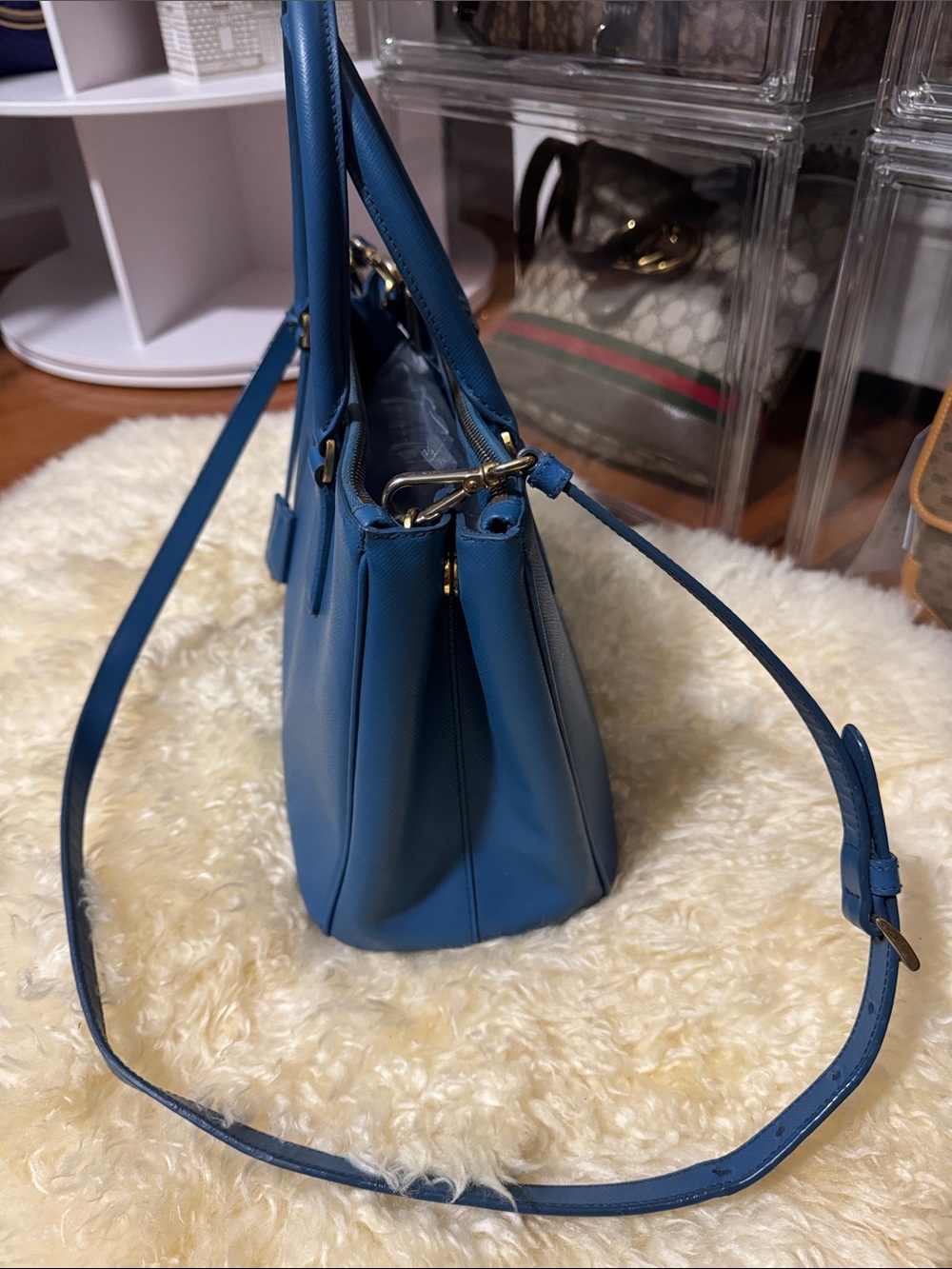 Prada Blue Saffiano Double-Handle Satchel with Crossbody Strap - Picture 2 of 14